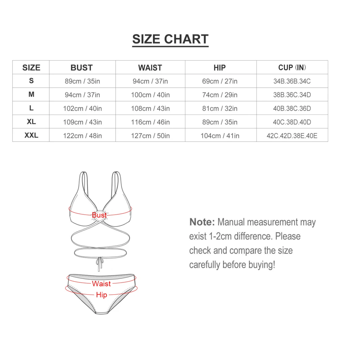 Personalized Bikini Swimsuit for Women With Your Custom Design size chart