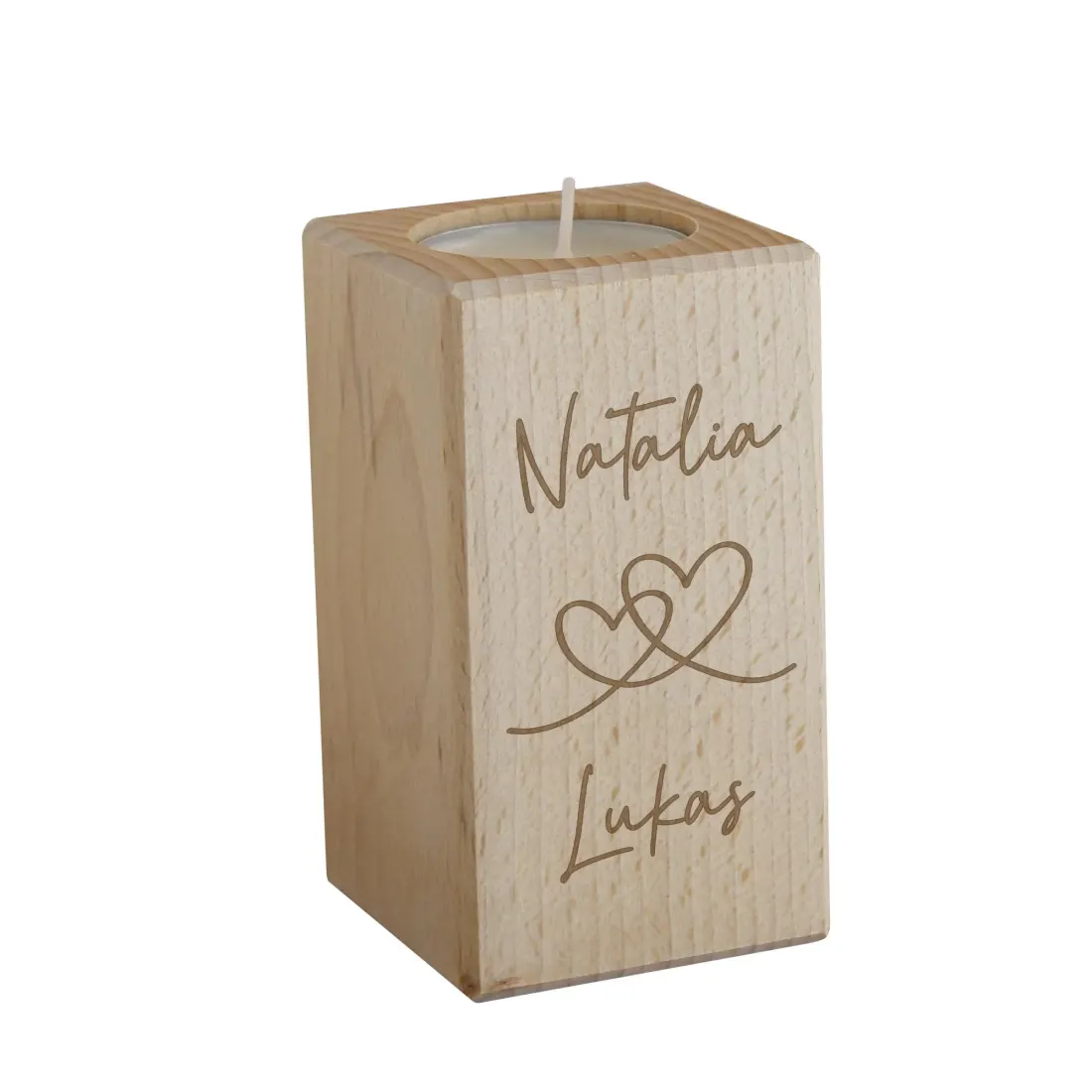 Personalised Wooden Block Tea Light Holder, Engraved Hearts Custom Name Candle Cube — photo 5