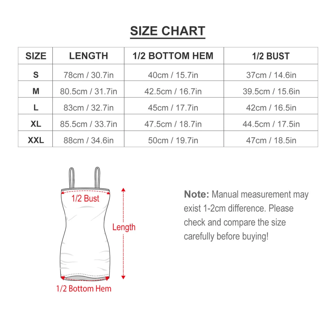 Personalized Spaghetti Strap Dress With Your Own Design size chart