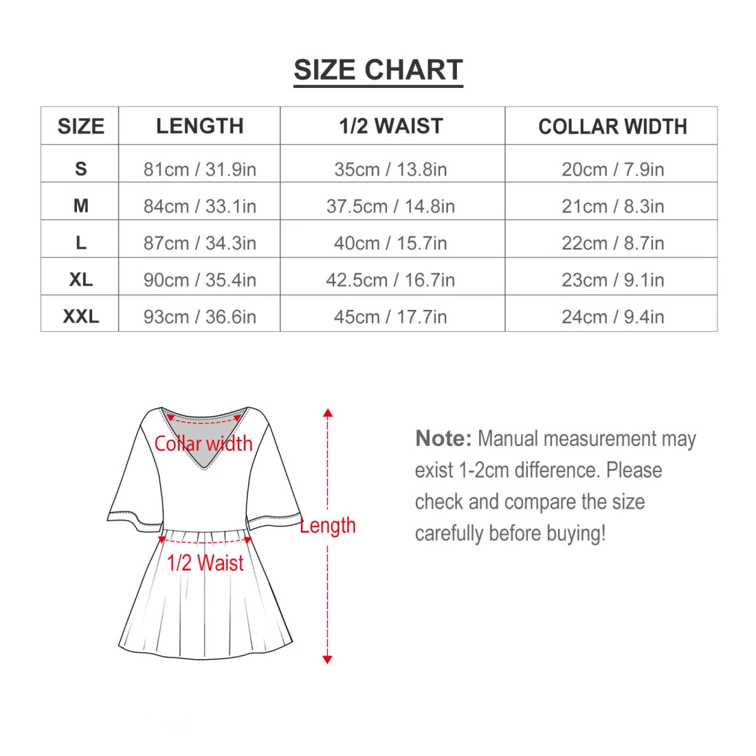 Personalized Cover Up Dress for Beach, Pool and Vacation Days size chart