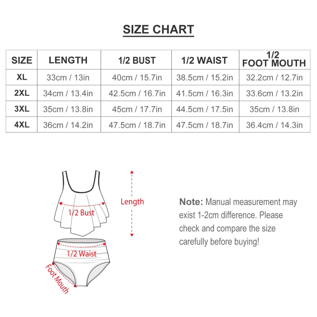 Personalized Swimsuit for Plus Size Women and Vacations size chart