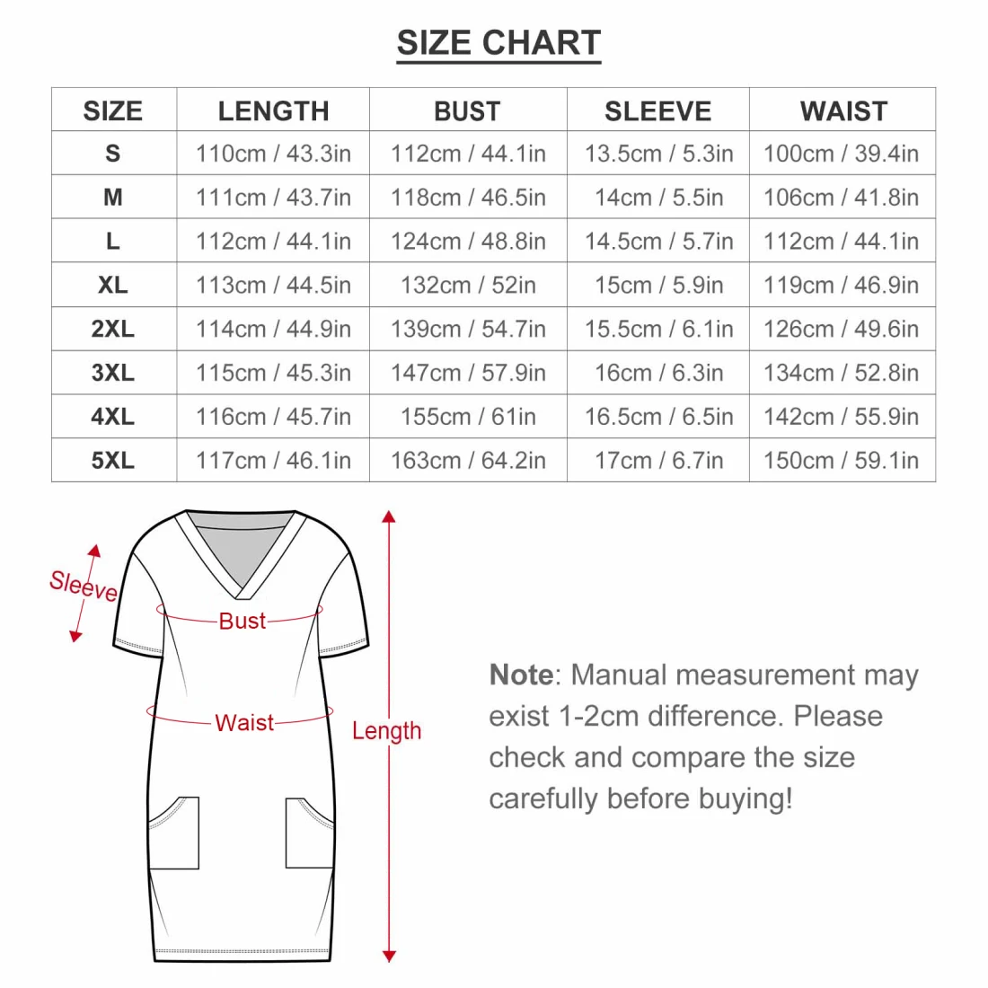 Baggy Dress With Pockets: Personalized Design for Women size chart