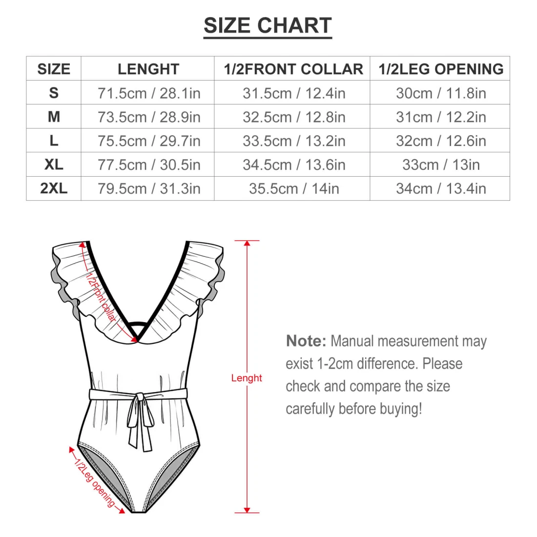 Personalized One Piece Swimsuit for Women, Deep V-Neck size chart