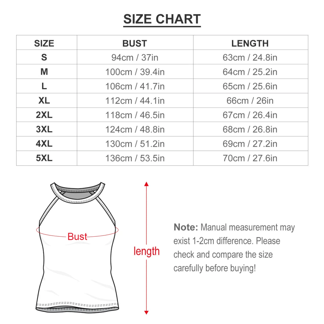 Personalized Round Neck Vest for Women With Your Design size chart