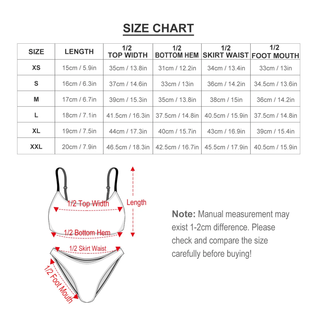 Personalized Bikini Swimsuit With Your Custom Design for Women size chart