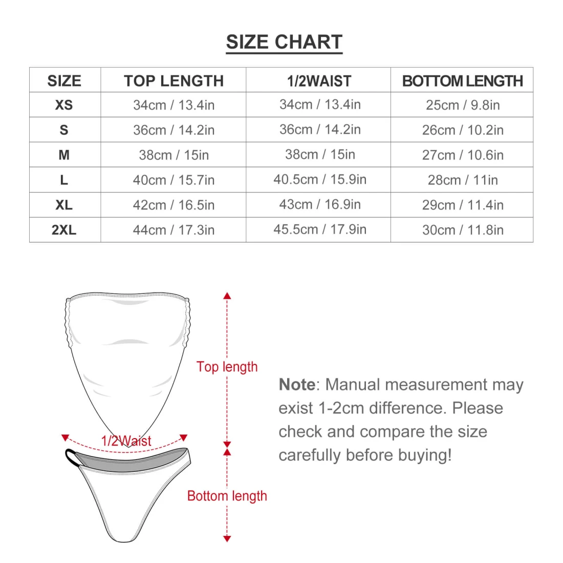 Personalized Bikini Swimsuit With Your Custom Design size chart