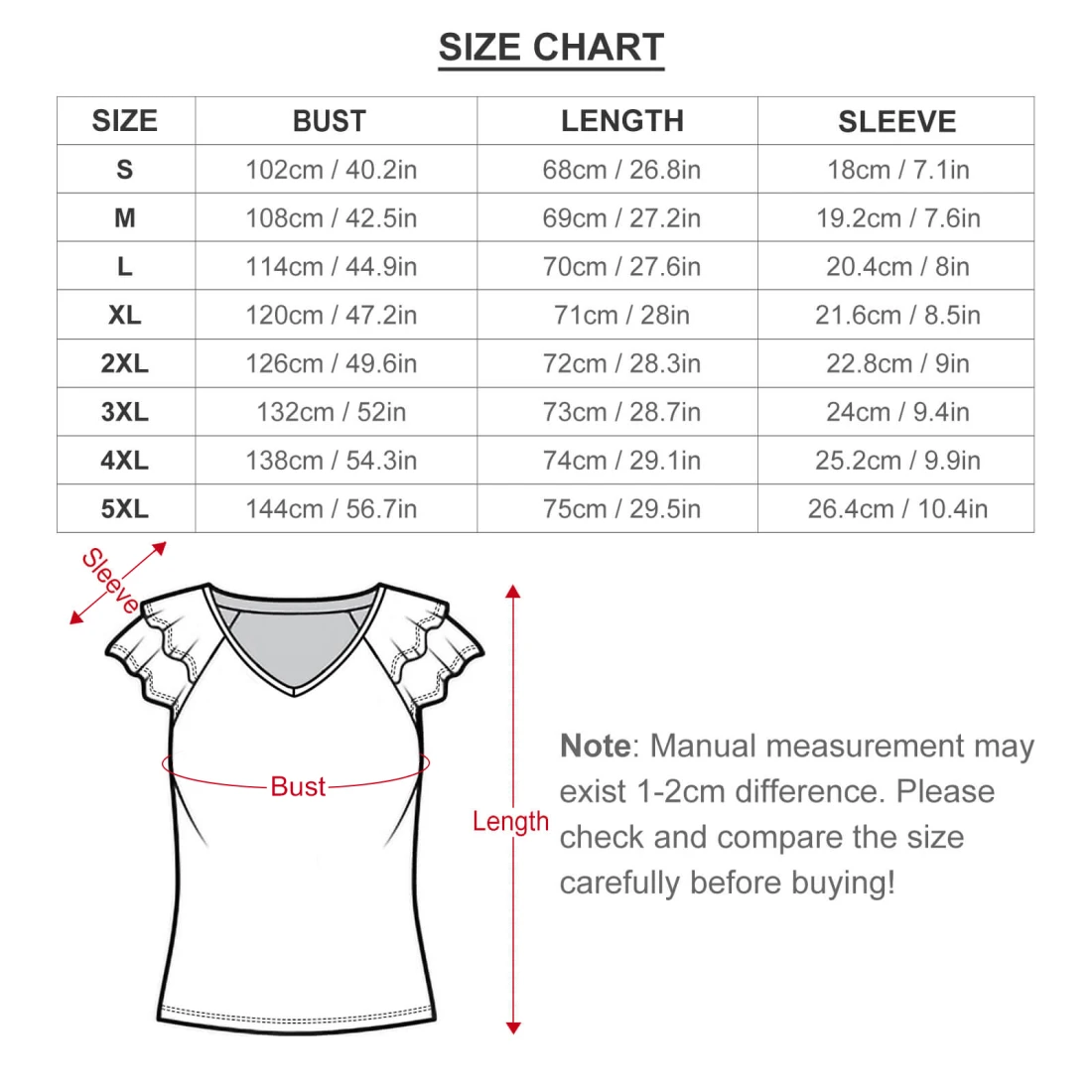 Personalized All-Over T-Shirts for Women, Lotus Leaf V-Neck size chart