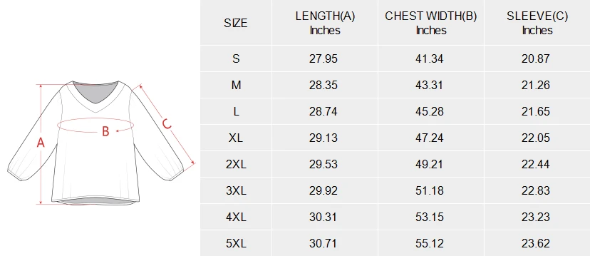 Personalized Long Sleeve Shirts for Women, Loose V-Neck Puff Top size chart