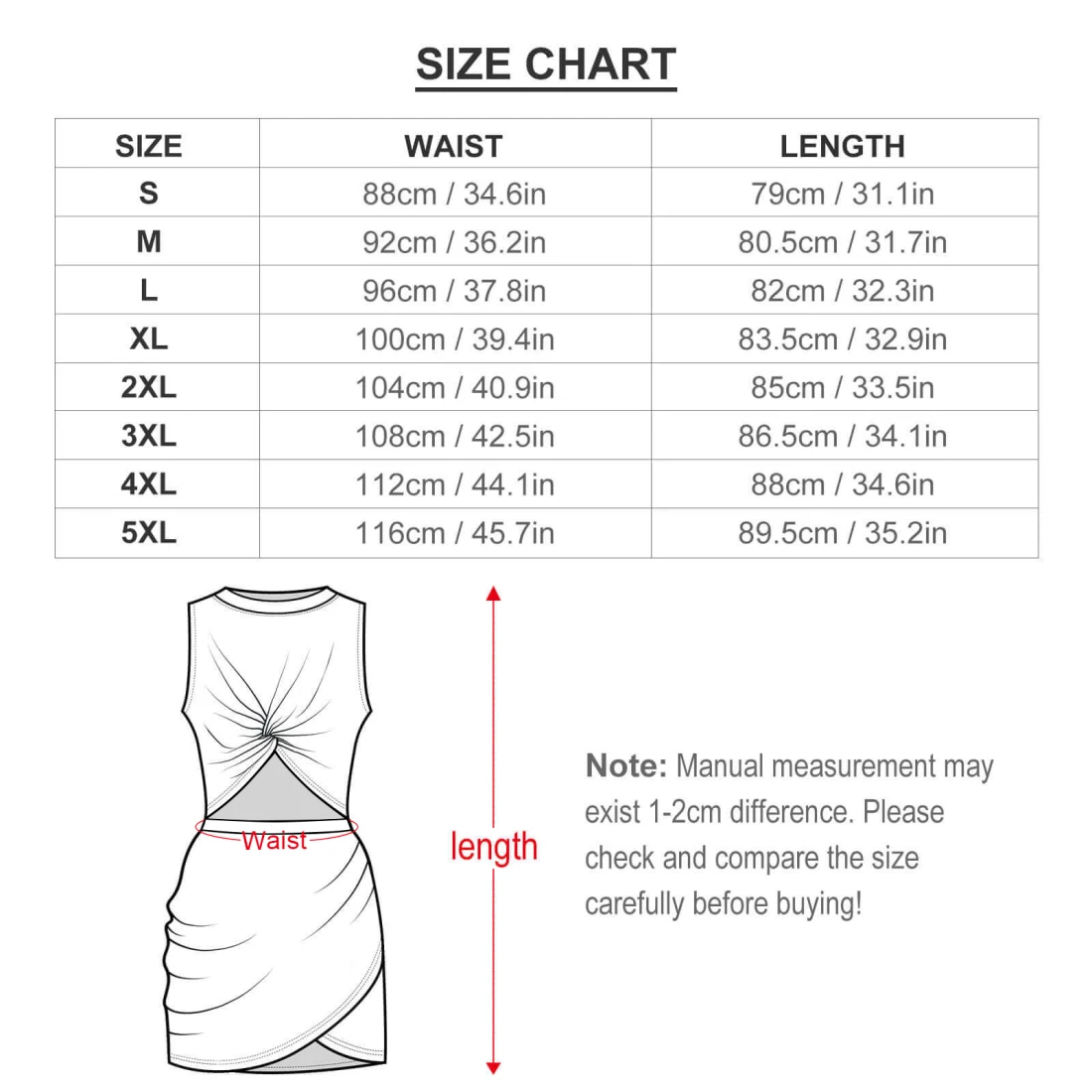 Personalized Dresses: Navel-Baring Cross-Fit Hip Skirt size chart