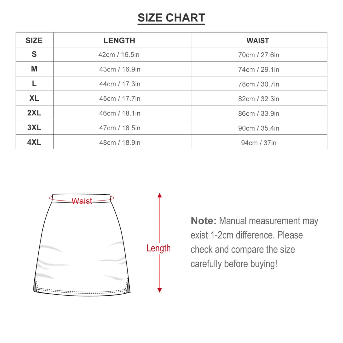 Personalized Skirts: A-Line Skirt With Pocket size chart