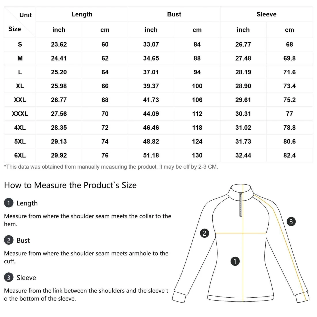 Personalized Long Sleeve Shirts for Women: Quick Dry 1/4 Zip size chart
