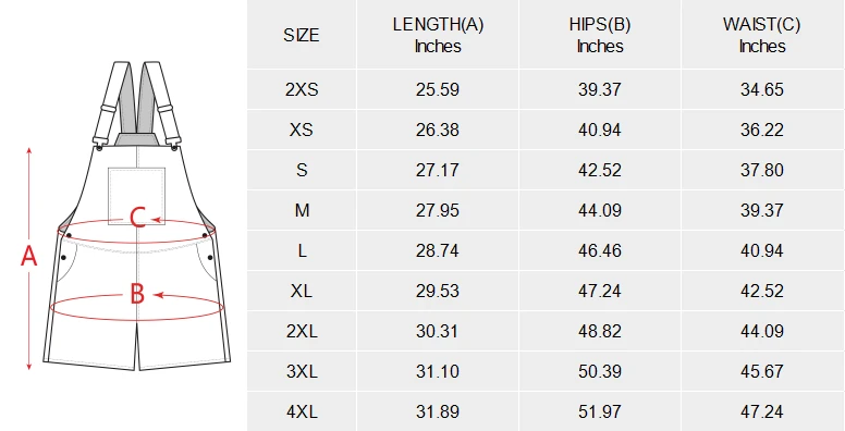 Unisex Suspender Jumpsuit: Slim Fit Romper with Pockets size chart