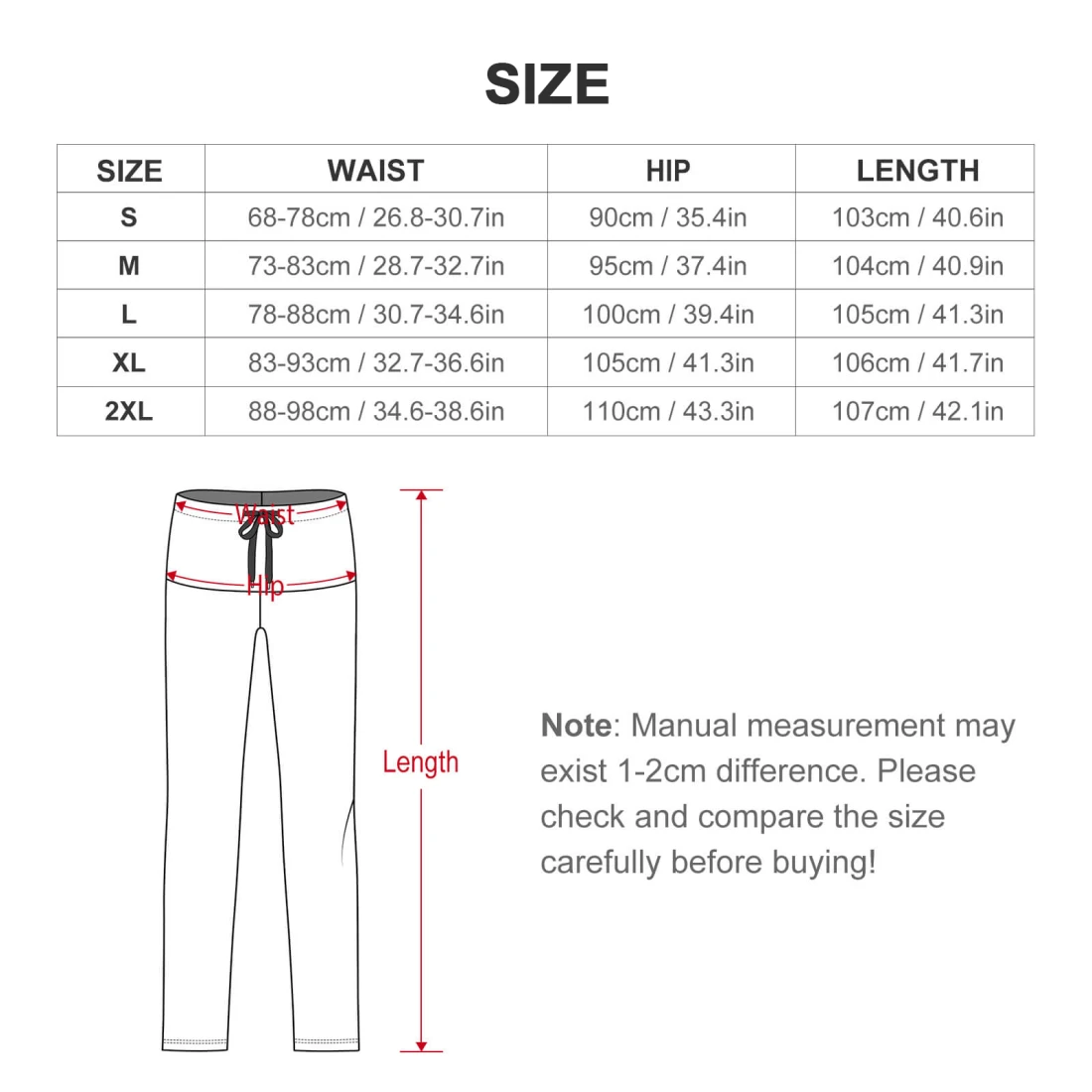 Personalized Yoga Pants for Women with Your Own Design size chart