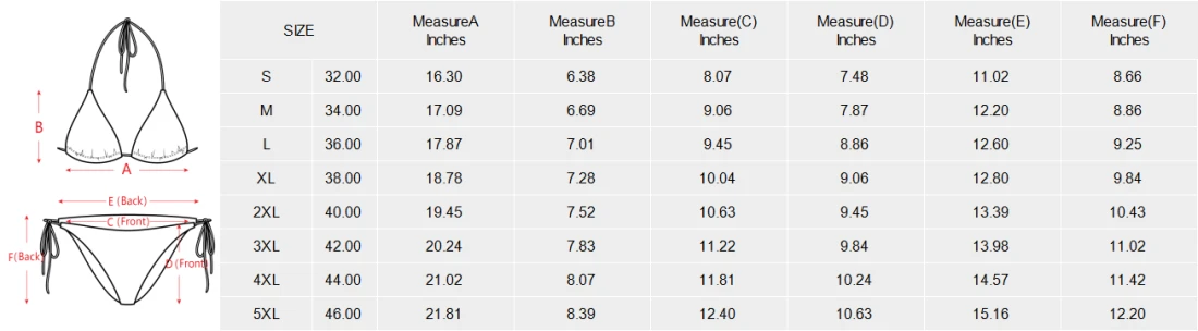 Custom Bikini Swimsuit with Your Own Design size chart