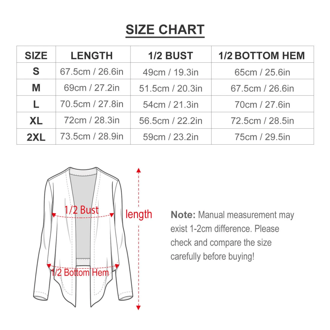 Personalized Cardigan for Women with Your Own Design size chart