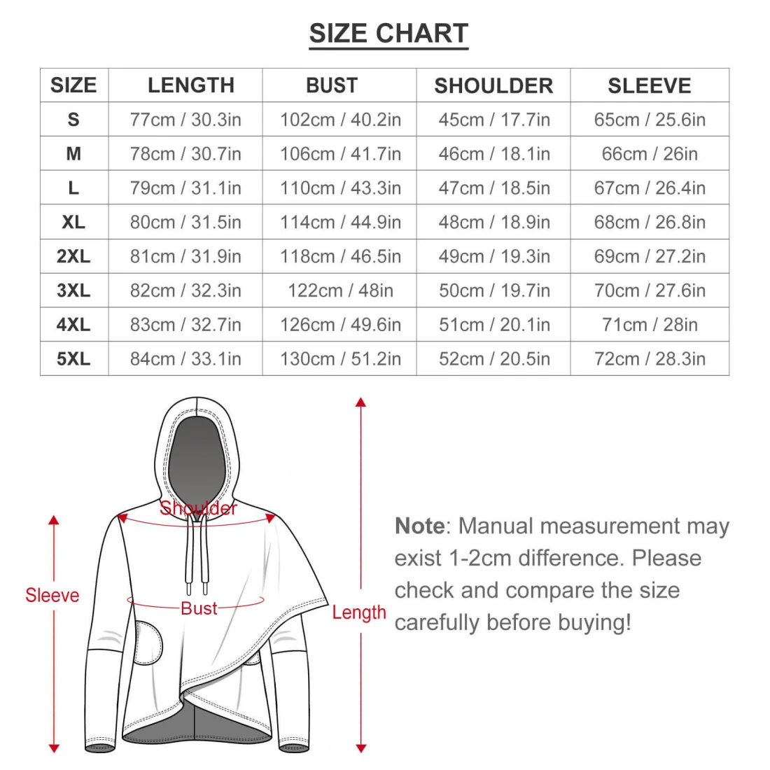 Personalized All Over Hoodies for Women: Slim Fit Mid Length size chart