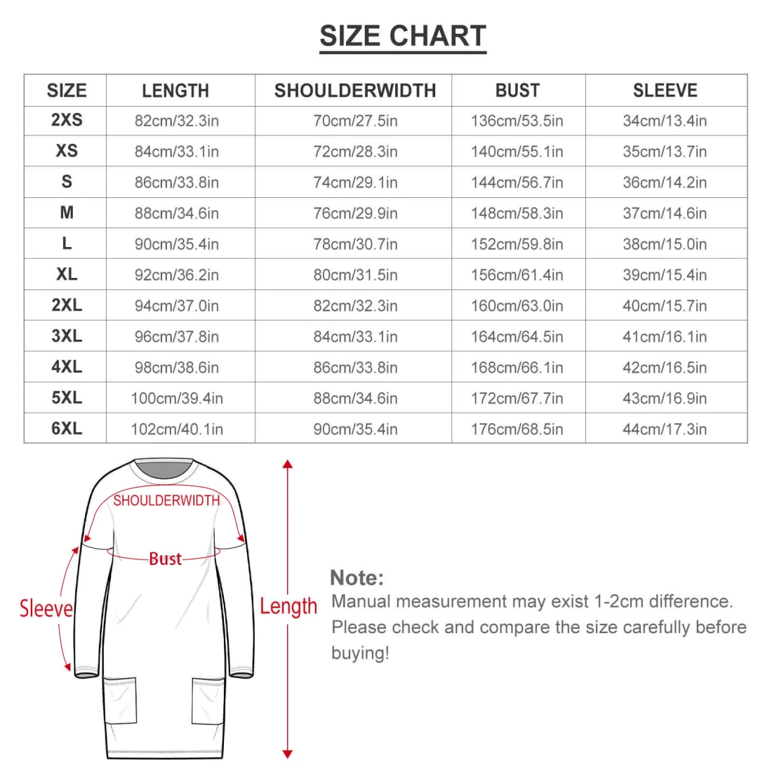 Personalized Long Fit Sweatshirt With Your Custom Design size chart