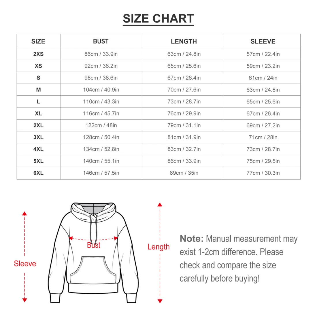 Personalized Unisex Hoodie Set With Your Custom Design size chart