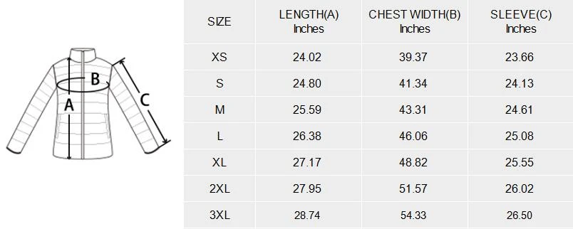 Bomber jacket for women, padded lightweight stand collar size chart