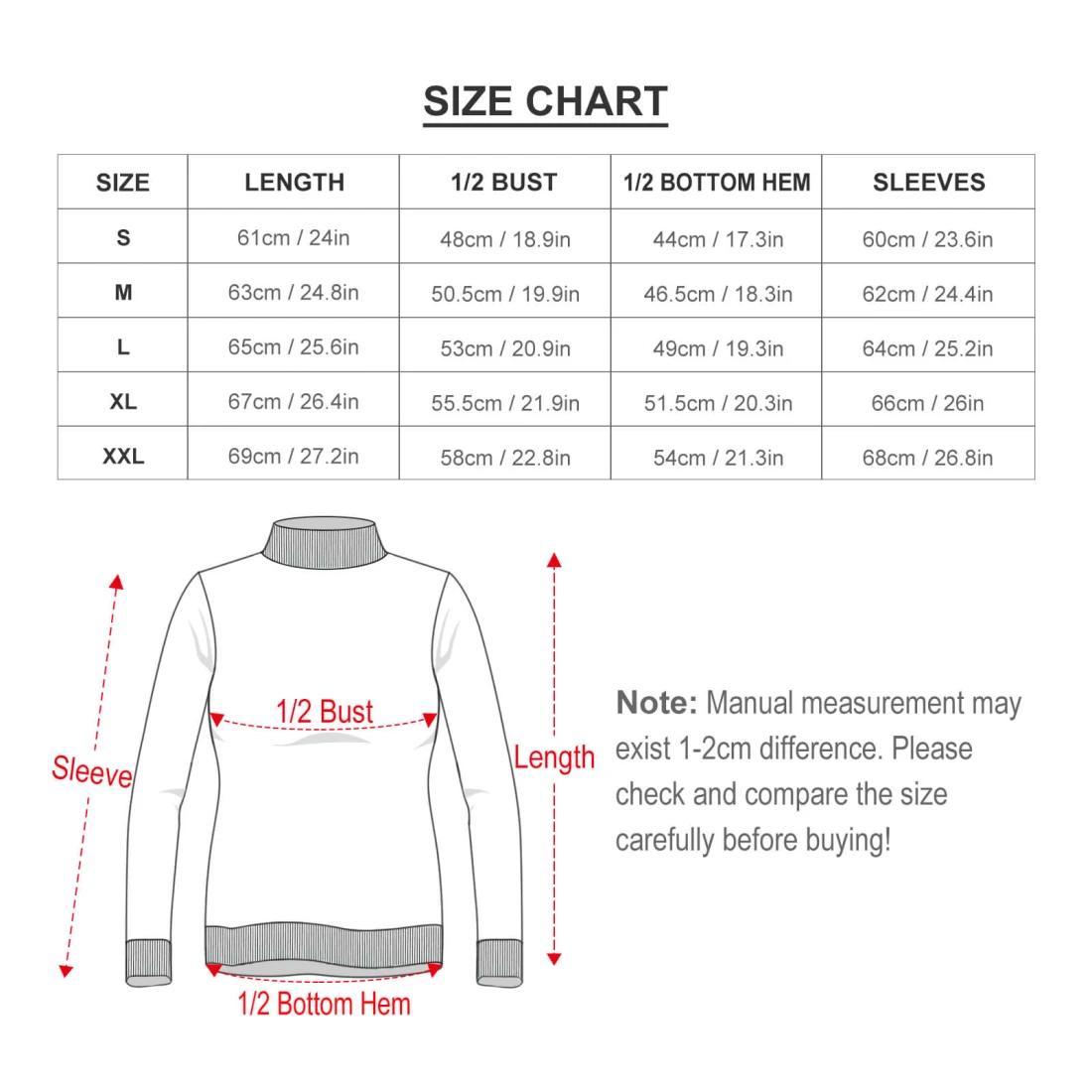 Personalized High Neck Sweater for Women With Your Custom Design size chart