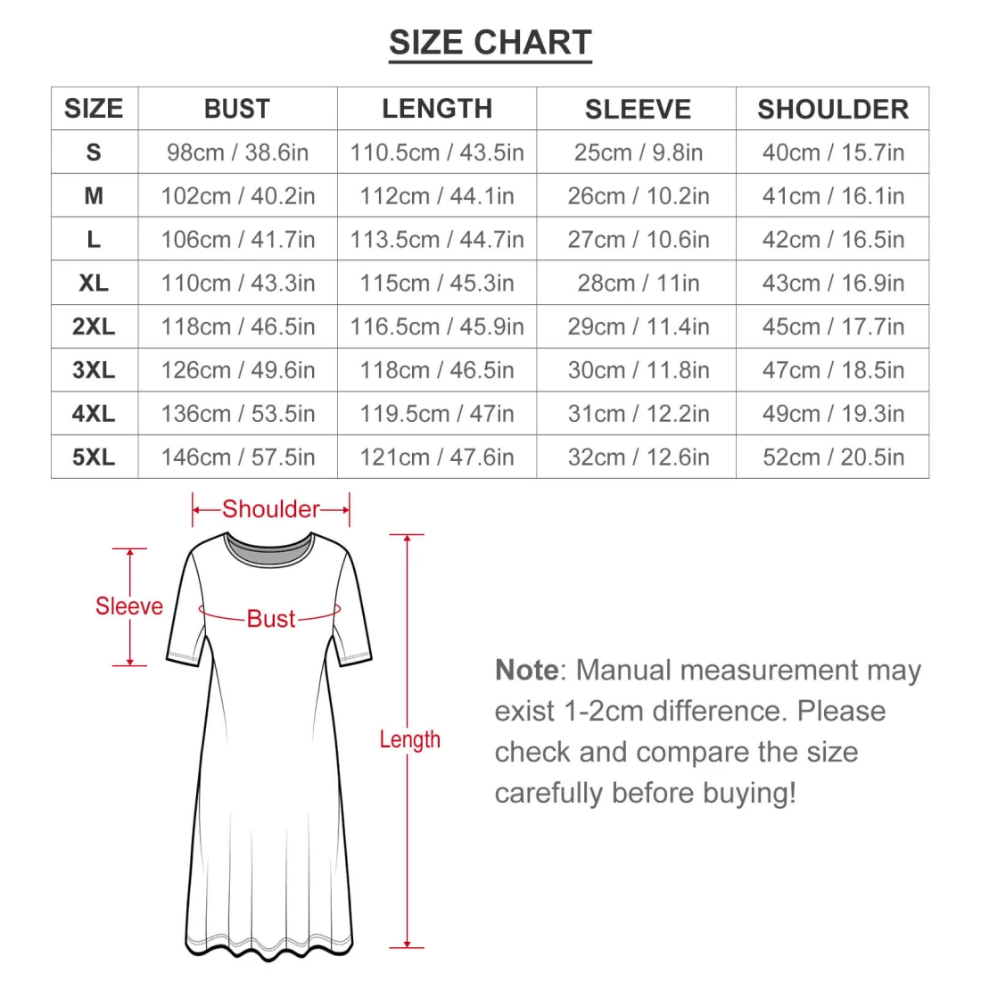 Personalized dresses: Women's casual t-shirt dress size chart
