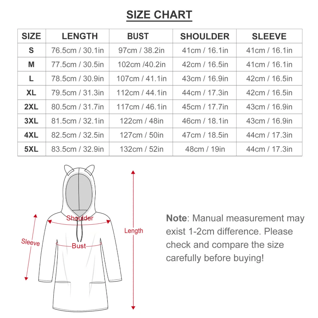 Personalized Hoodie for Her with Seven-Quarter Sleeves size chart
