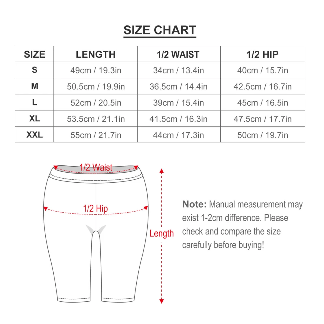 Personalized Yoga Shorts with Your Custom Design size chart