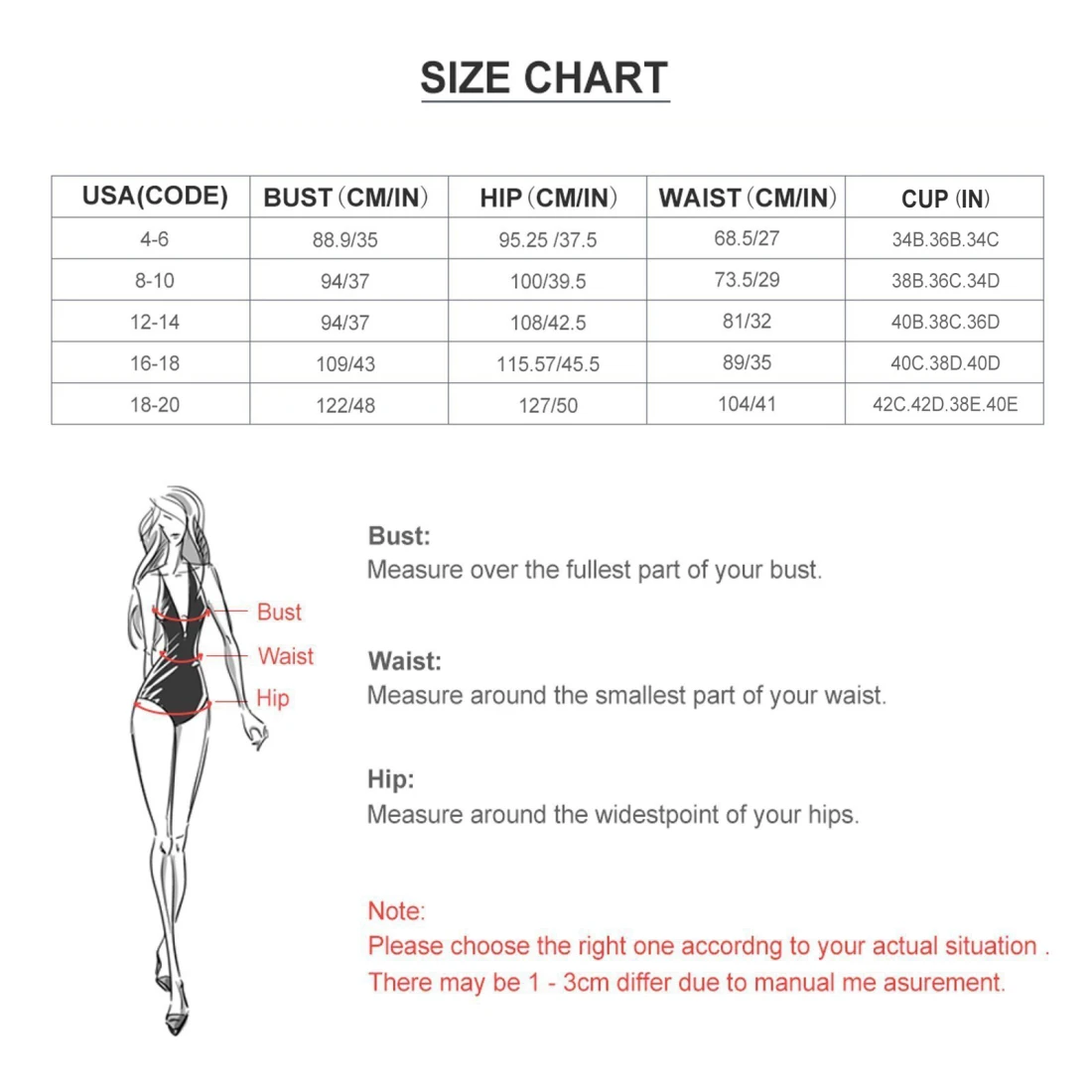 Personalized Bikini Swimsuit for Women, Custom Print Two-Piece size chart