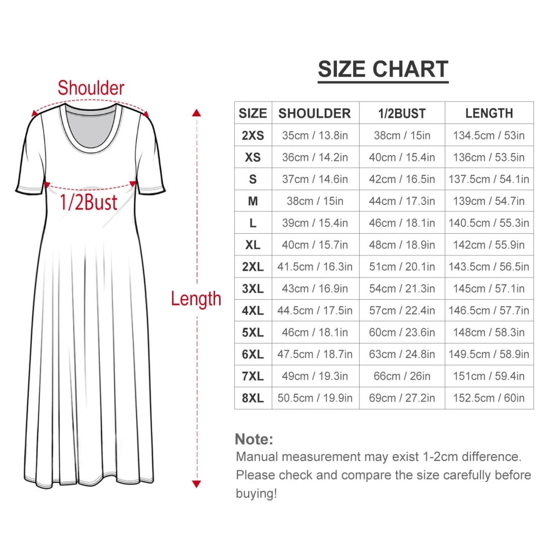 Personalized Dresses: Short Sleeve Round-Neck Long Dress size chart