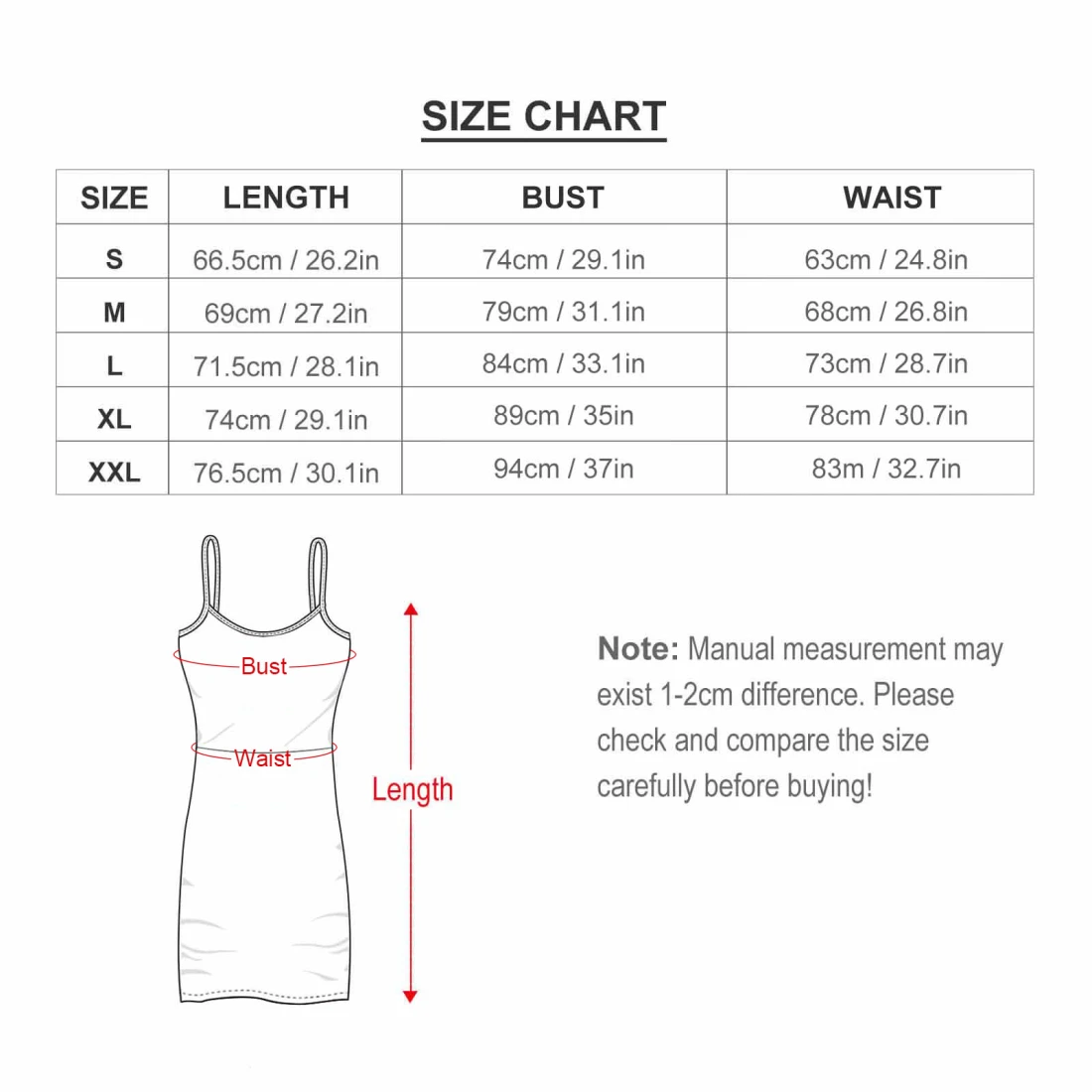 Personalized Sling Dress for Her With Your Custom Design size chart