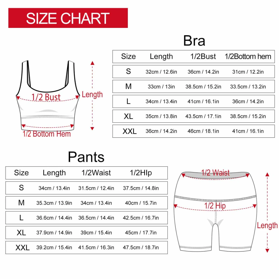 Personalized Yoga Set for Women With Your Custom Design size chart