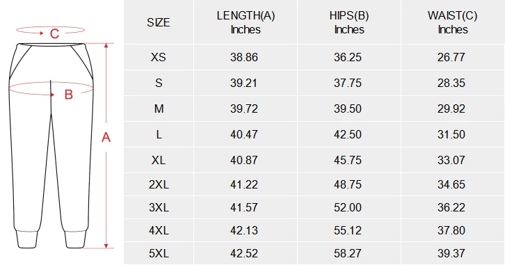 Casual Track Pants for Women With Your Custom Design size chart