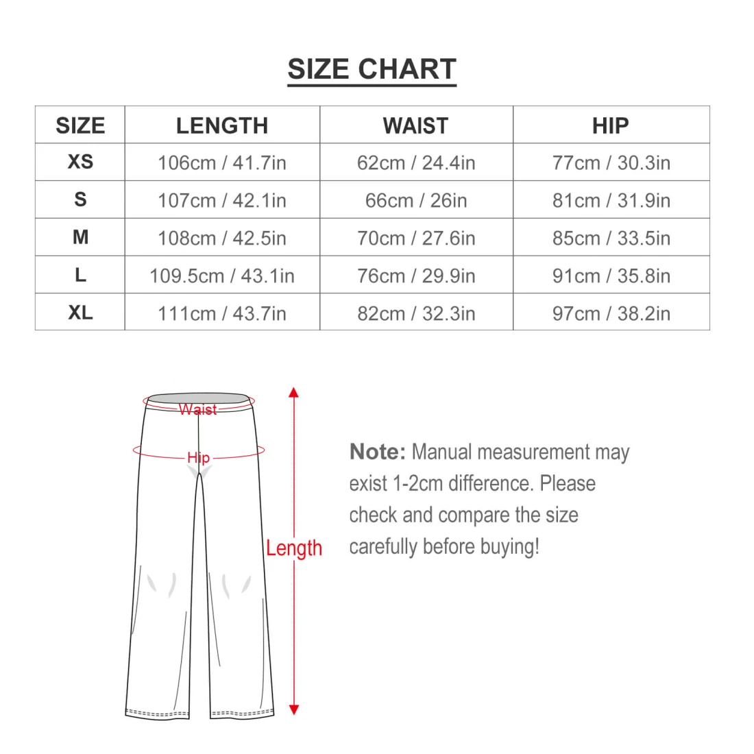 Personalized Flare Pants for Women with Your Custom Design size chart