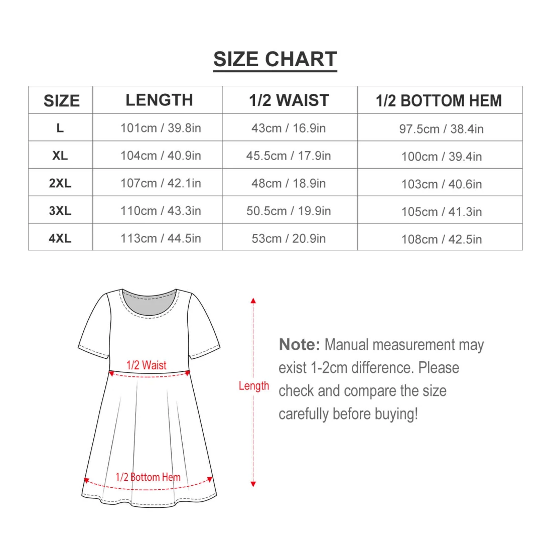 Plus Size Swing Dress With Pockets and Custom Design size chart