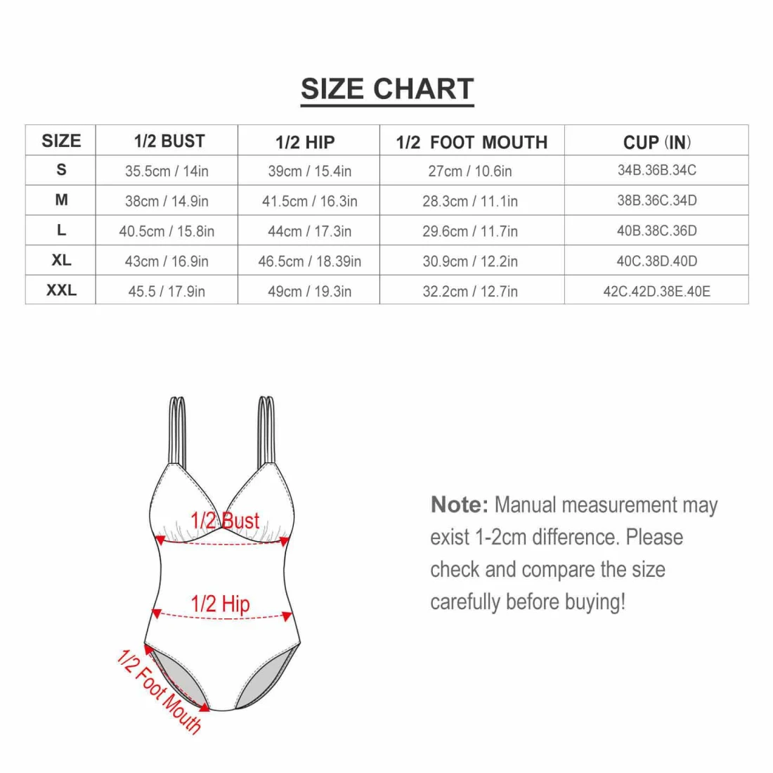 Personalized One Piece Swimsuits with Your Custom Design size chart