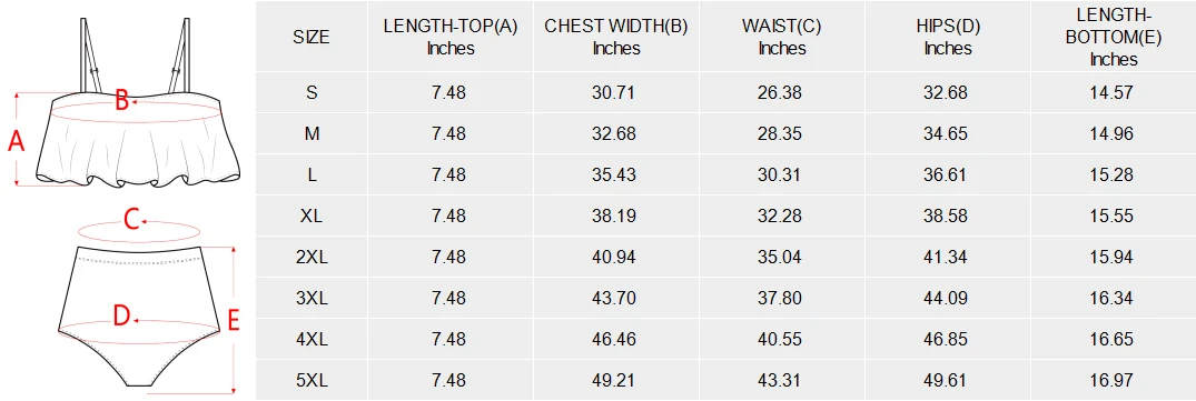 High Waisted Flounce Bikini Set with Your Custom Design size chart