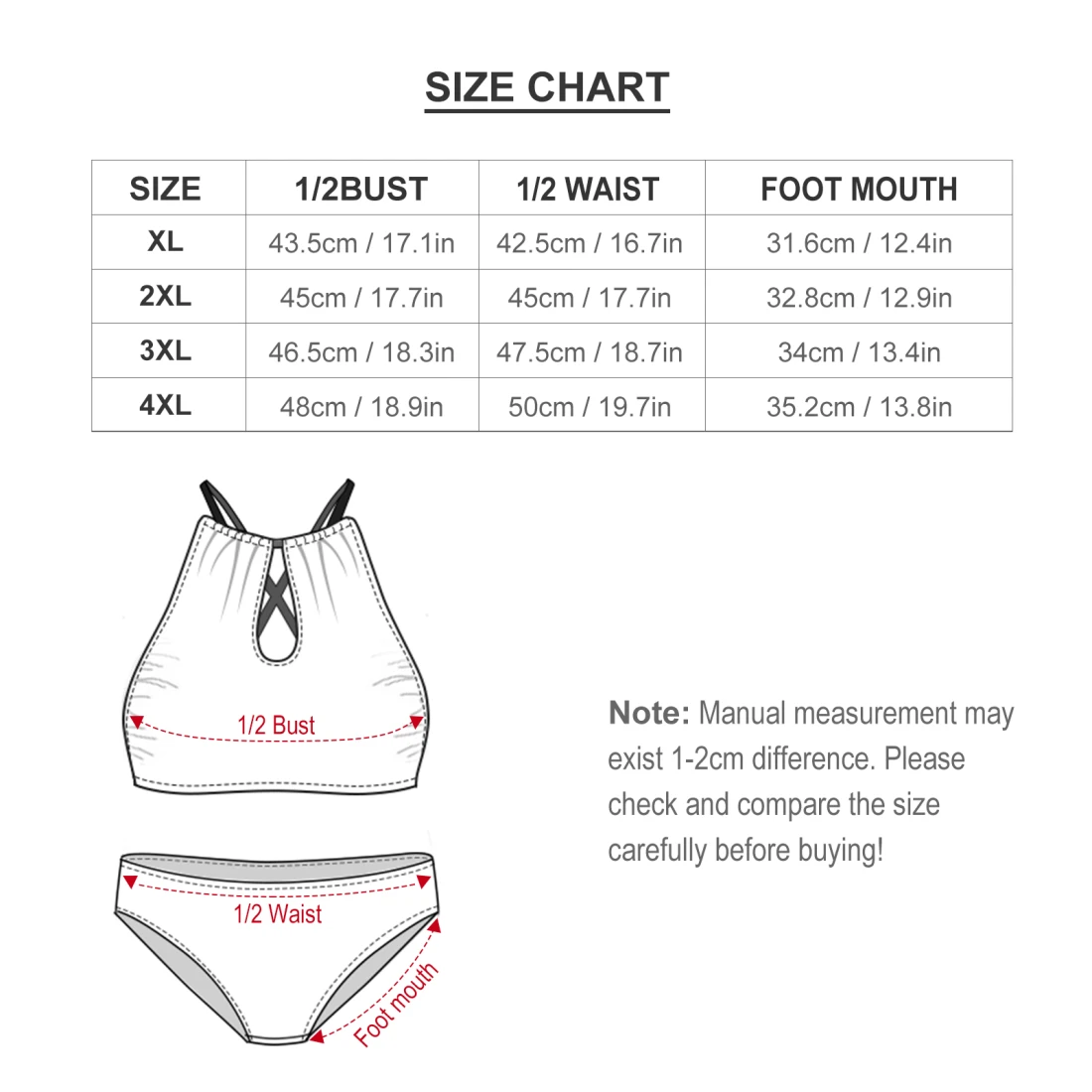Personalized Plus Size Two-Piece Swimsuit size chart