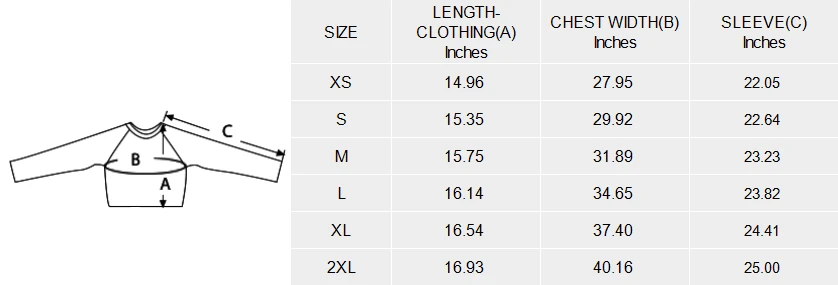 Personalized Two-Pieces: All-Over Print Long Sleeve Crop Top size chart