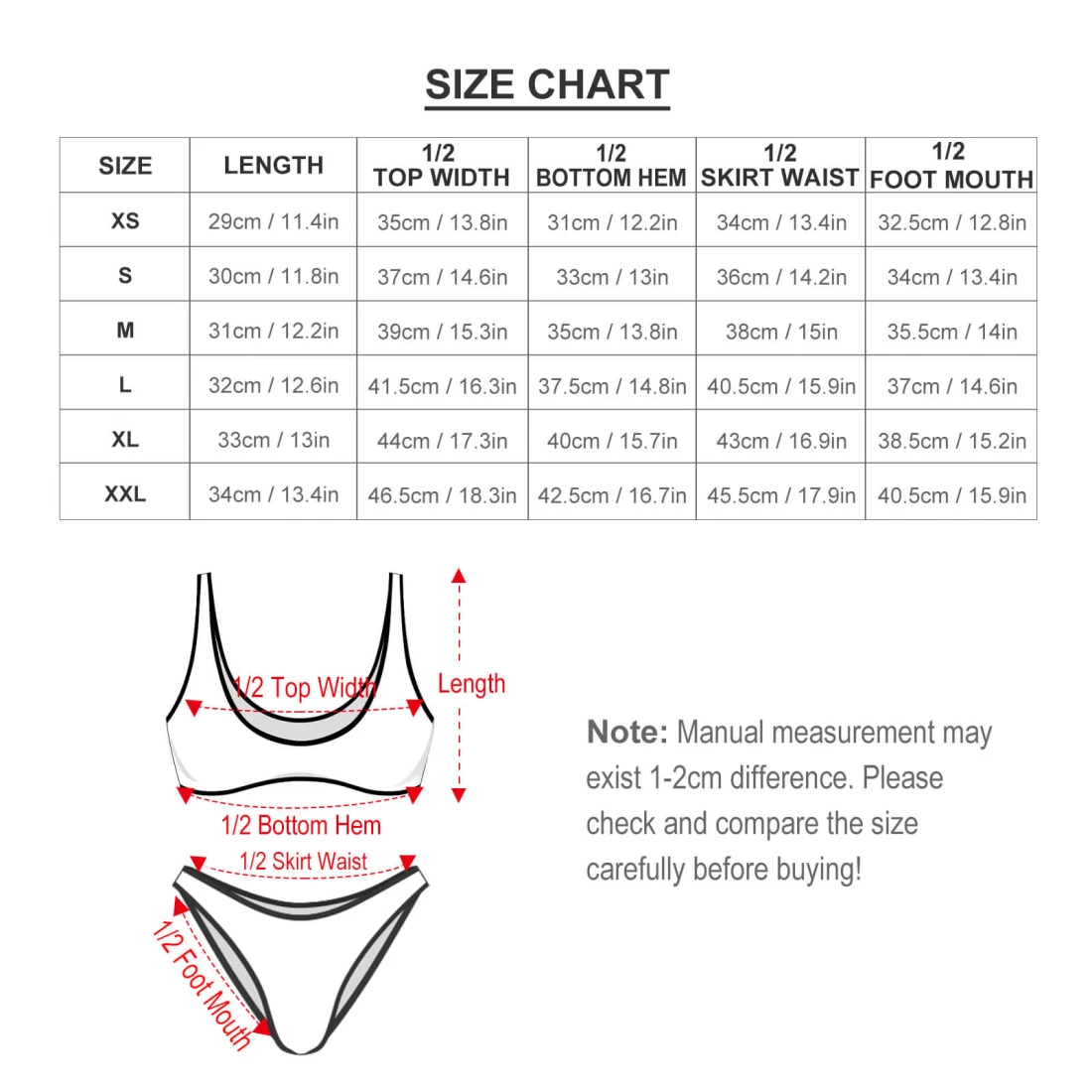 Personalized Bikini Sets With Your Custom Design size chart