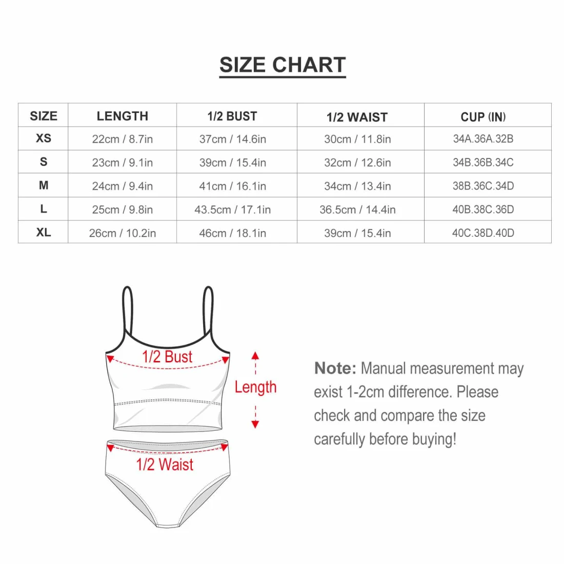 Personalized bikini swimsuit with your own custom design size chart
