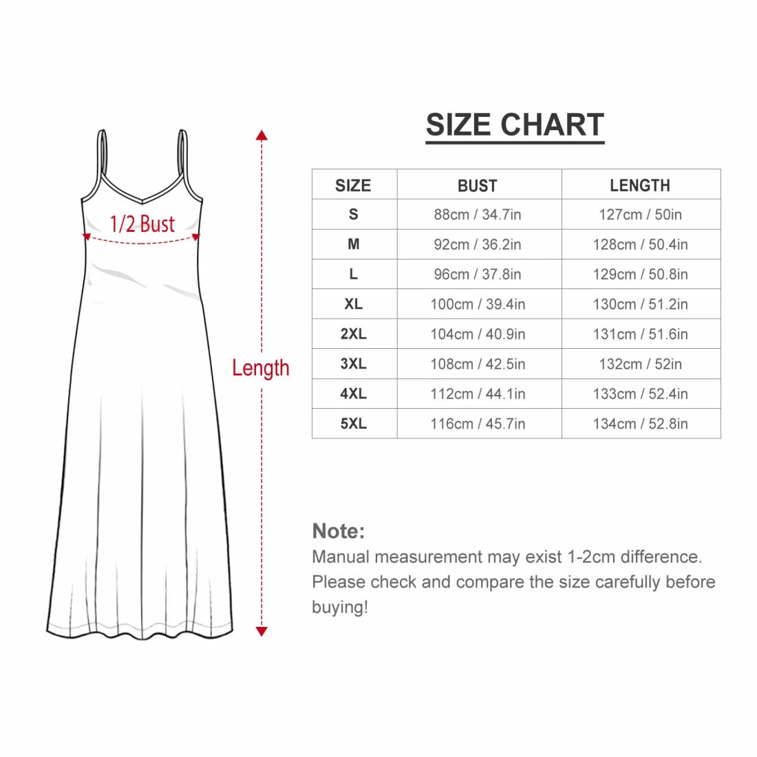 Custom Spaghetti Strap Long Dress, Sleeveless and Flowy size chart
