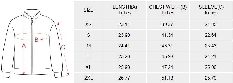 Personalized Bomber Jacket for Her with Your Custom Design size chart