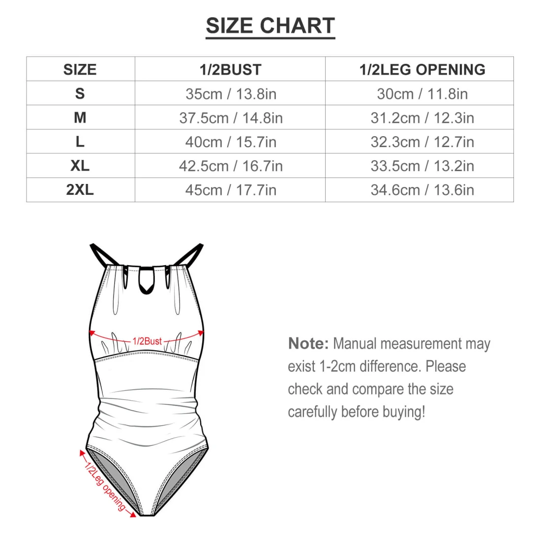 Personalized One Piece Swimsuits with Your Custom Design size chart