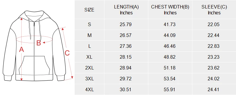 Personalized Fleece Hoodie for Women with Your Custom Design size chart