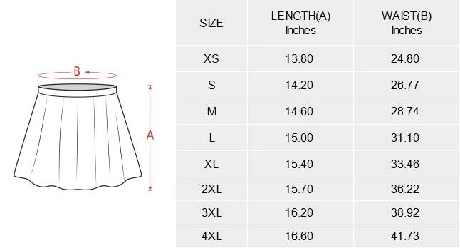 Personalized Skater Skirt with Your Custom Design size chart