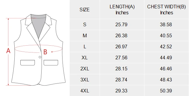 Women Sleeveless Suit Vest With Your Custom Design size chart