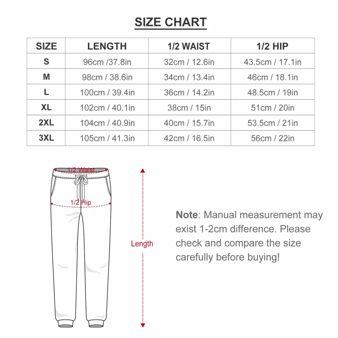 Personalized All Over Print Sweatpants for Women size chart
