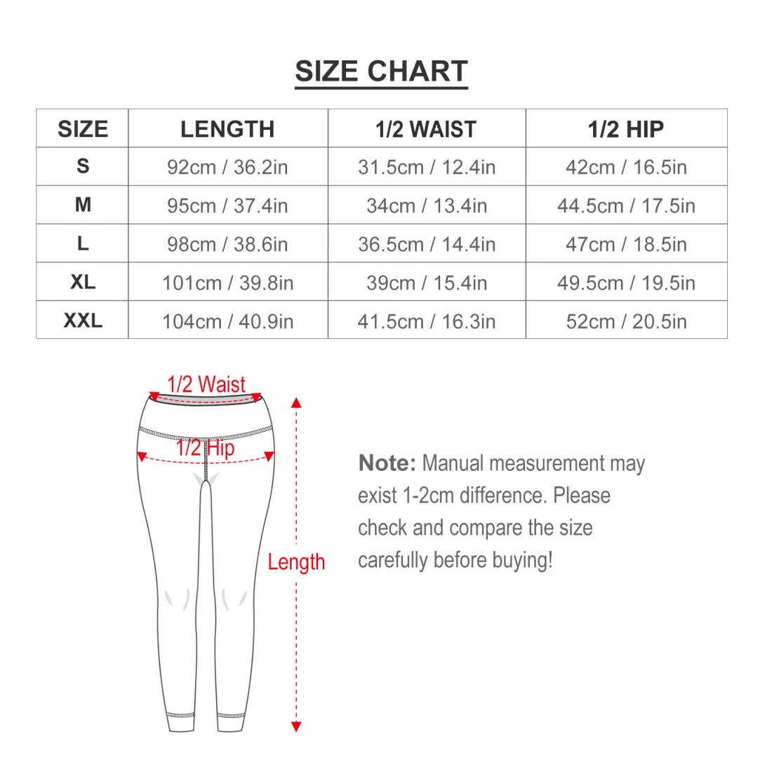 Personalized Yoga Leggings for Women with Your Custom Design size chart