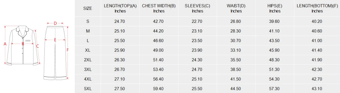 Personalized Pajama Sets for Women: Long Sleeve Satin size chart