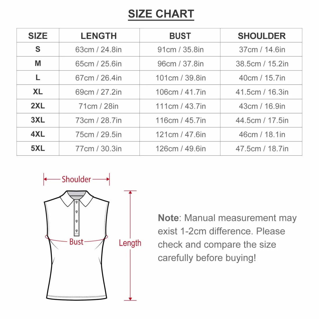 Personalized Sleeveless Polo Tank Top for Women size chart